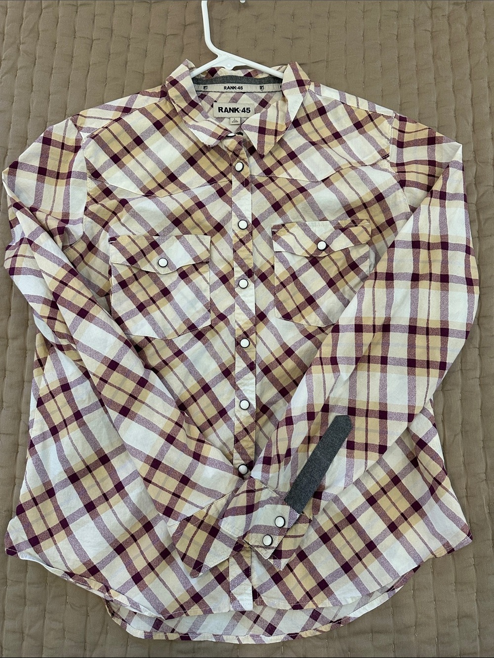 Rank-45 Women’s Cream & Burgundy Plaid Pearl snap Shirt